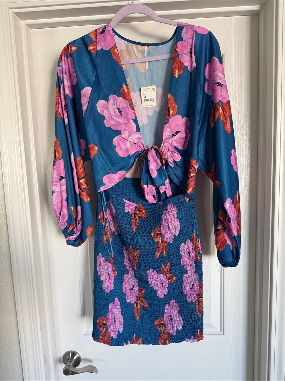 FREE PEOPLE Floral Tie-Front Mini Dress in Teal and Pink. NWT